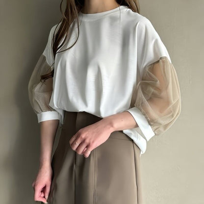 【半額！期間限定！！】今季マストバイ ファッション 知的 ランタンスリーブ 7分袖 Tシャツ<F-8430>