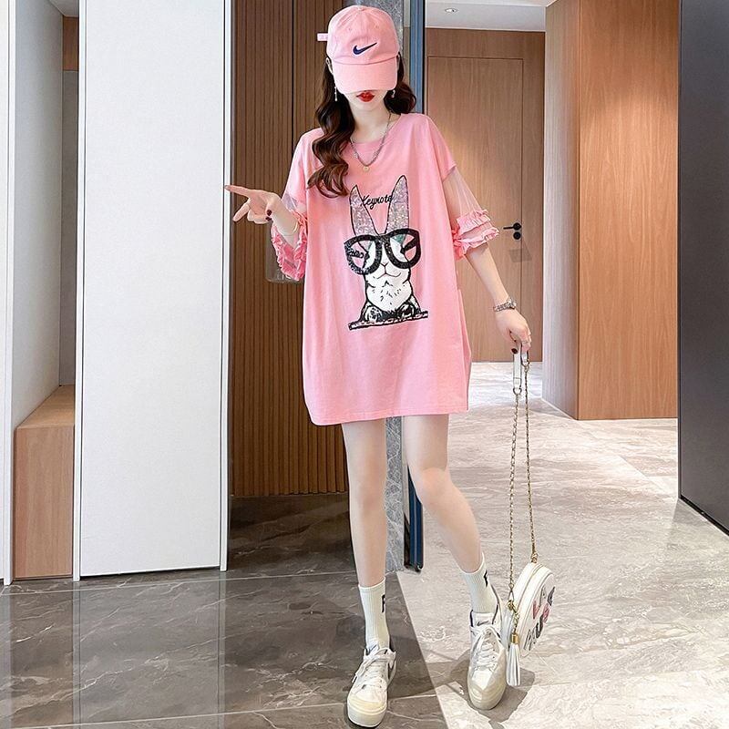 着回し力抜群 チュール 新作 切り替え ピンク プリント スパンコール プリント全3色 半袖Tシャツ カットソー ＜F-8557＞