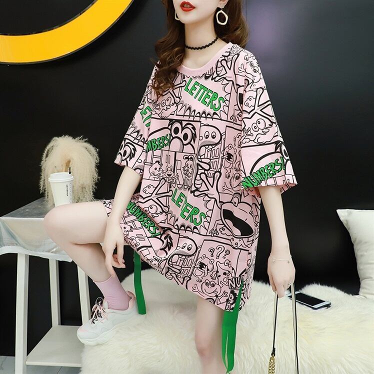 超人気 アバンギャルド 個性派 ラウンドネック プリント全2色 半袖Tシャツ<F-8720>