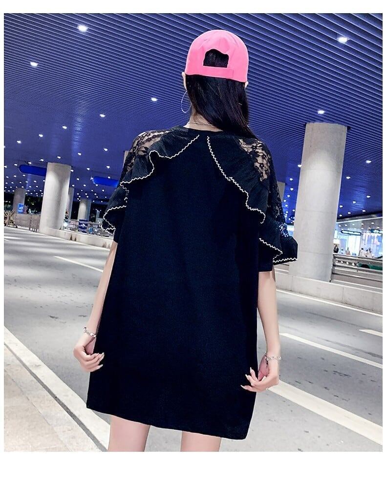 レースステッチアイスシルクニットルーズラビットプリント半袖Tシャツ<F-5038>