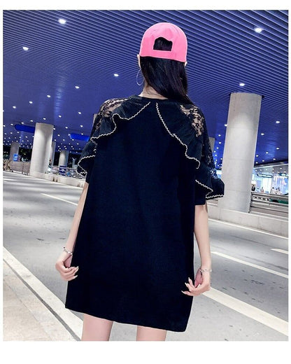 レースステッチアイスシルクニットルーズラビットプリント半袖Tシャツ<F-5038>