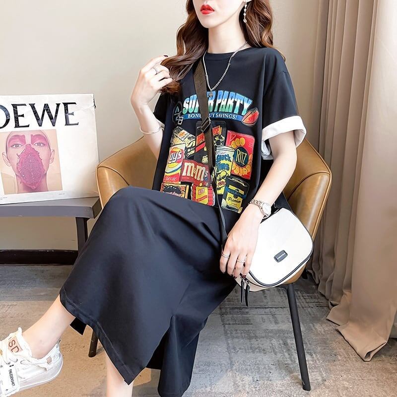 スタイリッシュ プリント 一目惚れ Tシャツ カットソー ワンピース＜F-3575＞