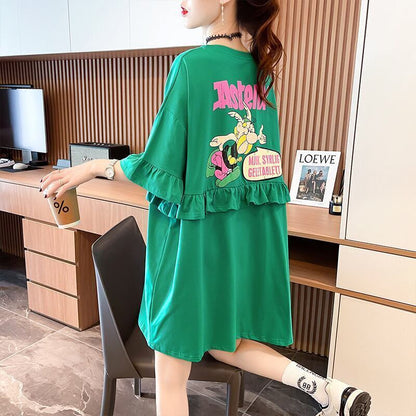【半額！期間限定！！】合わせやすい 切り替え フリル プリント Tシャツ ゆったりワンピース＜F-3008＞
