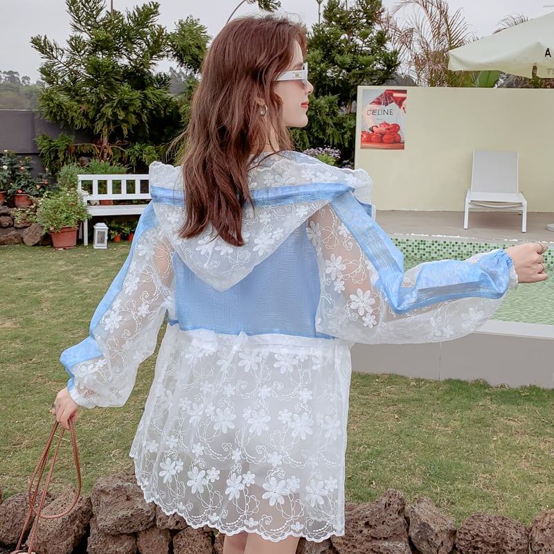 【人気急上昇中！】半額セール キュート 美人度アップ 透け感 日焼け対策 レース 刺繍 全3色 パーカー コート＜F-8510＞