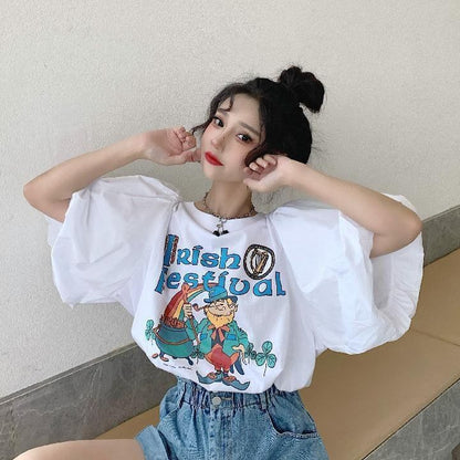 キュート プリント ファッション ゆったり 全4色 半袖 Tシャツ＜F-11521＞