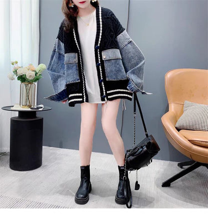 存在感抜群 おしゃれ度高め トレンドアイテム デニム 切り替え 2色選択 ニットトップスF-9724