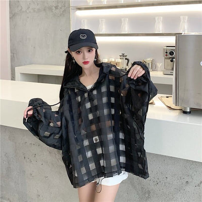 大人気 チェック柄 ゆったり 日焼け対策 UVカット 冷房対策 着?せ 長袖 フード付き シャツ ＜F-1910＞