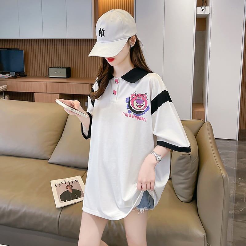 POLOネック 切り替え 熊柄 ロング プリント Tシャツ 二色 ゆったりワンピース ＜F-3020＞