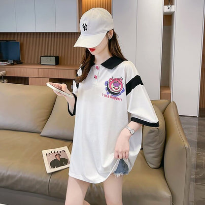 POLOネック 切り替え 熊柄 ロング プリント Tシャツ 二色 ゆったりワンピース ＜F-3020＞