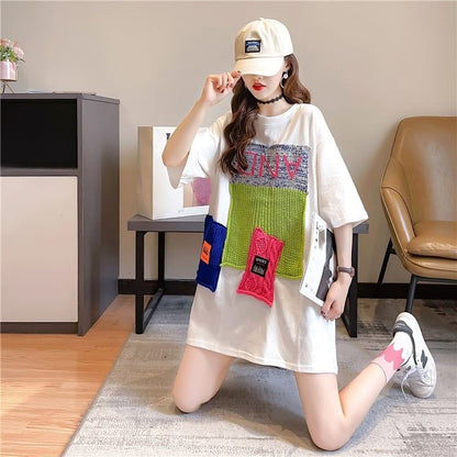 【半額！期間限定！！】ゆったりロング丈切り替え三色半袖Tシャツ＜F-1565＞
