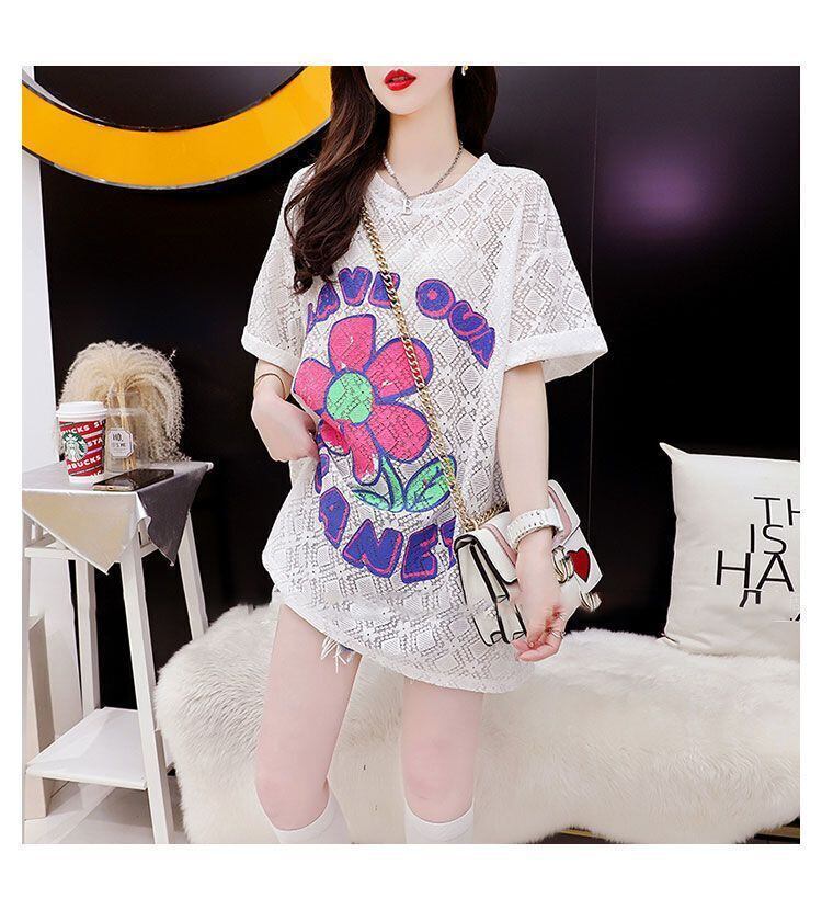 【半額！期間限定！！】新商品 切り替え 一目惚れ 透かし彫り プリント Tシャツ カットソー＜F-8523＞