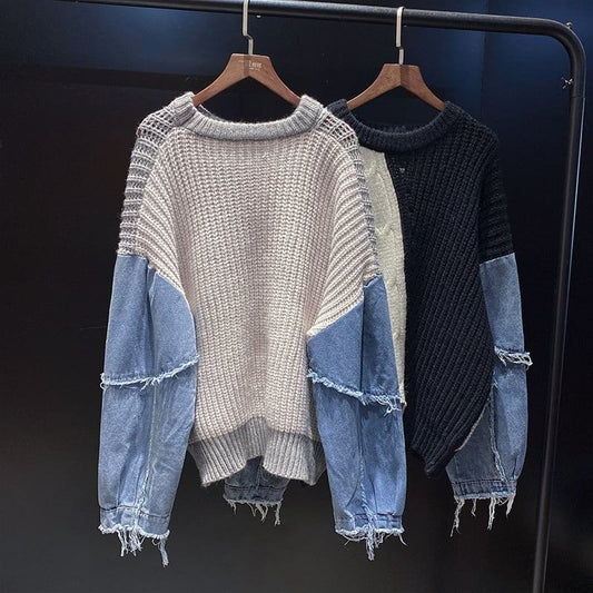 スタイリッシュ 着心地抜群 ラウンドネック 長袖 切り替え ニット セーター＜isf-2294＞