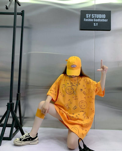 売り切れ必至 ゆったり ファッション感満々 ロング丈 3色半袖Tシャツ＜F-9086＞