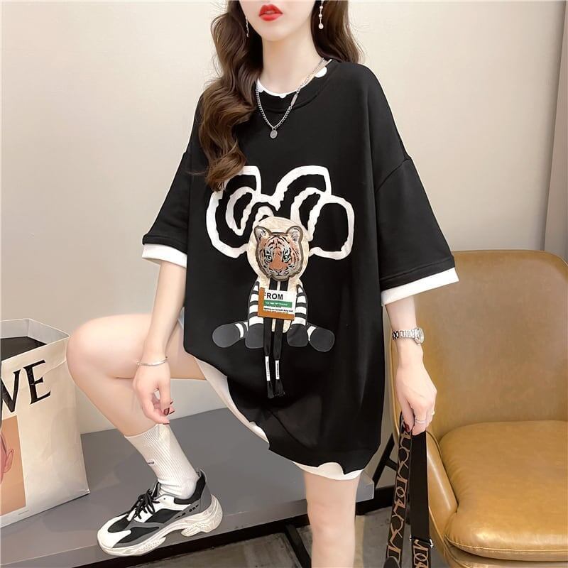 気質ルーズ漫画プリントミッドレングス半袖Tシャツ<F-3026>