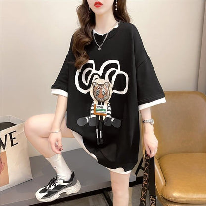 気質ルーズ漫画プリントミッドレングス半袖Tシャツ<F-3026>