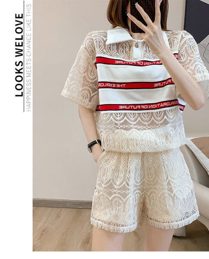 新商品 上品 着心地良い カジュアル 透かし彫り 半袖 Tシャツ ショートパンツ セットアップ ＜F-8785＞