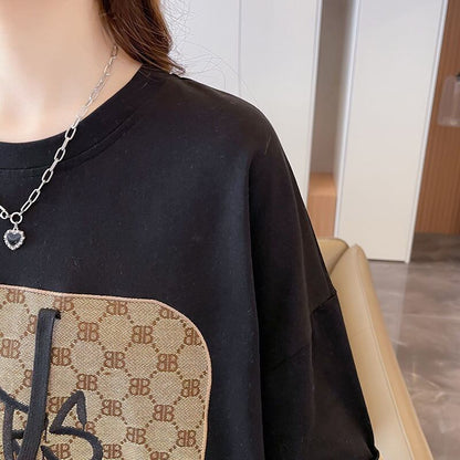 活躍する優秀アイテム 刺繍 個性的なデザイン 切り替え 2色選択 半袖 Tシャツ F-9275