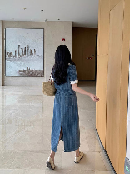絶対流行 上品着映え 大活躍 レイヤード風 2種選択可 デニム ワンピースF-8979