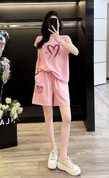 超人気 ホットダイヤモンド カジュアル プリント 半袖Tシャツ ショートパンツ セットアップ ＜F-9215＞