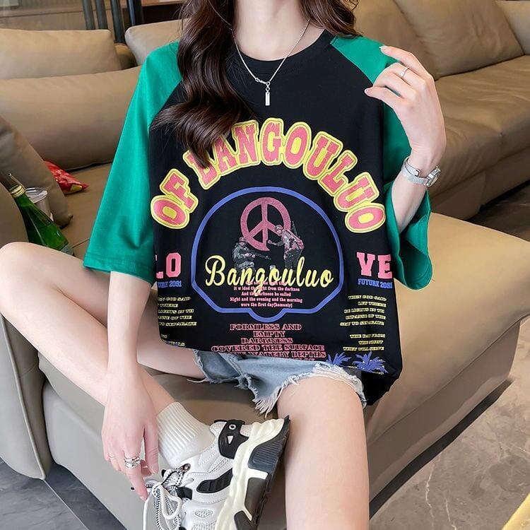 夏新作   プリント ラグランTシャツ 三色 ゆったりワンピース ＜F-4003＞