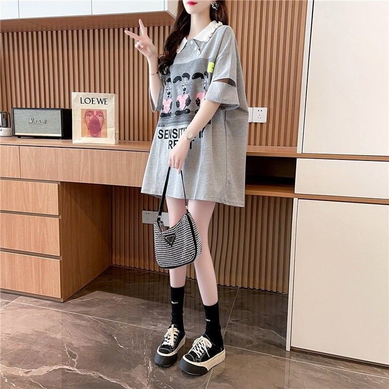 夏新作 アルファベットプリント POLOネック ロング Tシャツ ゆったりワンピース ＜F-3038＞