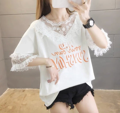 エレガントなレースステッチ半袖Tシャツ<F-3030>