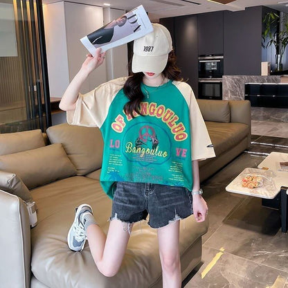 夏新作   プリント ラグランTシャツ 三色 ゆったりワンピース ＜F-4003＞