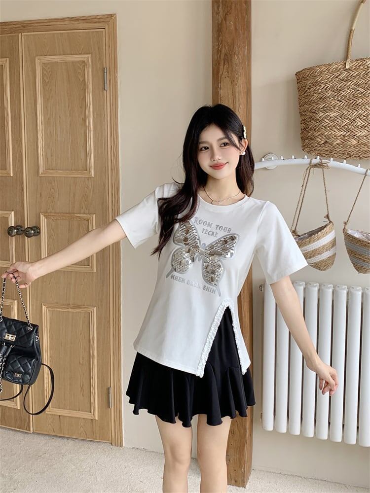 絶対欲しい キュート 超人気 ピンク プリント スパンコール 3色選択 半袖Tシャツ＜F-8570＞