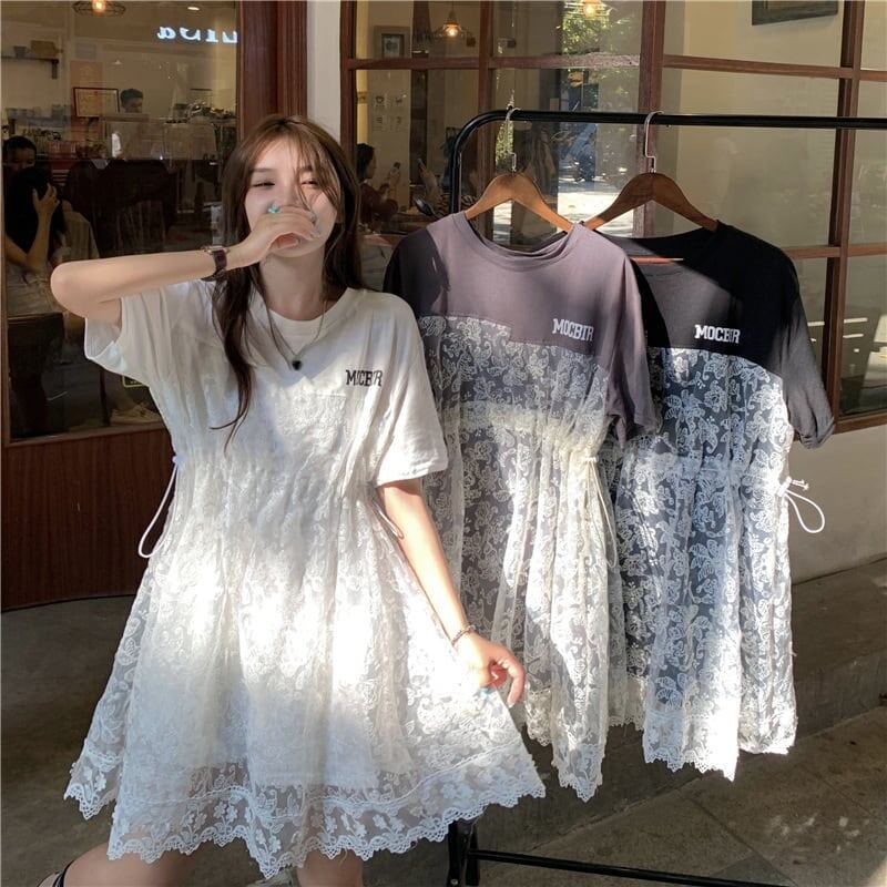 売れ筋   レース 膝丈 半袖 Tシャツワンピース ＜F-1953＞