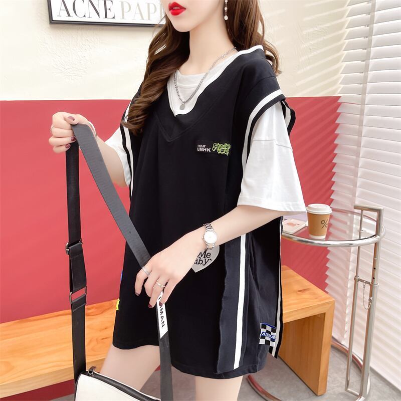 おすすめ アバンギャル 大活躍 ドレイヤード風 切り替え 全2色 半袖TシャツF-8752