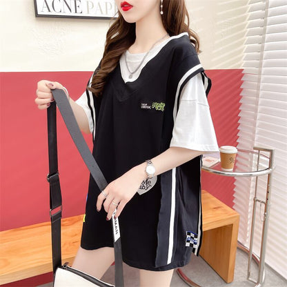 おすすめ アバンギャル 大活躍 ドレイヤード風 切り替え 全2色 半袖TシャツF-8752