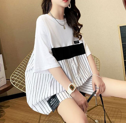 超人気 切り替え ストライプ柄 ラウンドネック プリント全2色 半袖Tシャツ<F-8741>