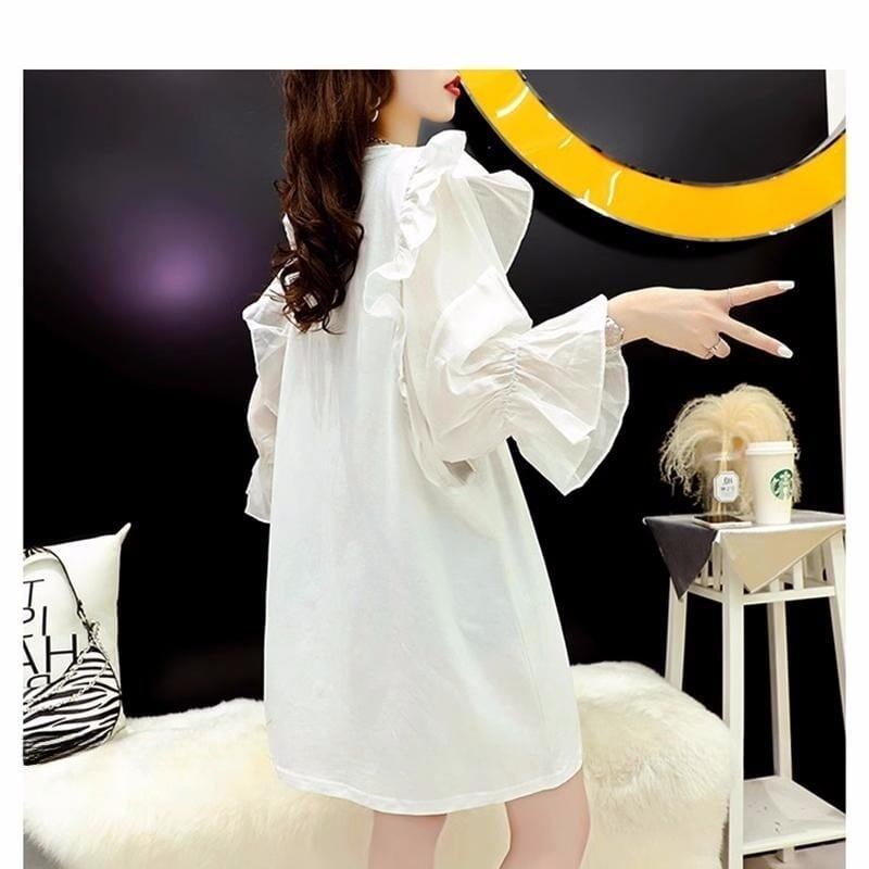 女子力アップ アルファベット パフスリーブ プリント ロングTシャツ ゆったりワンピース ＜F-3054＞