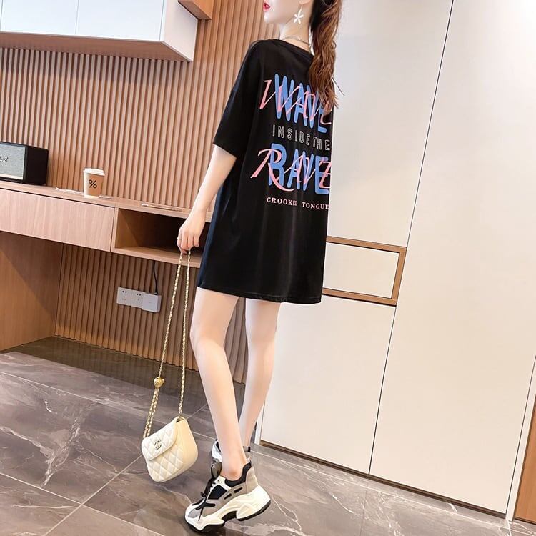 ファッションデザインレースミドル丈半袖Tシャツ<F-3017>