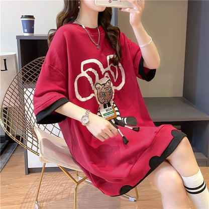 気質ルーズ漫画プリントミッドレングス半袖Tシャツ<F-3026>