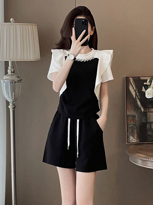 新商品 ホットダイヤモンド 絶対欲しい 切り替え 半袖 Tシャツ ショートパンツ セットアップF-8864