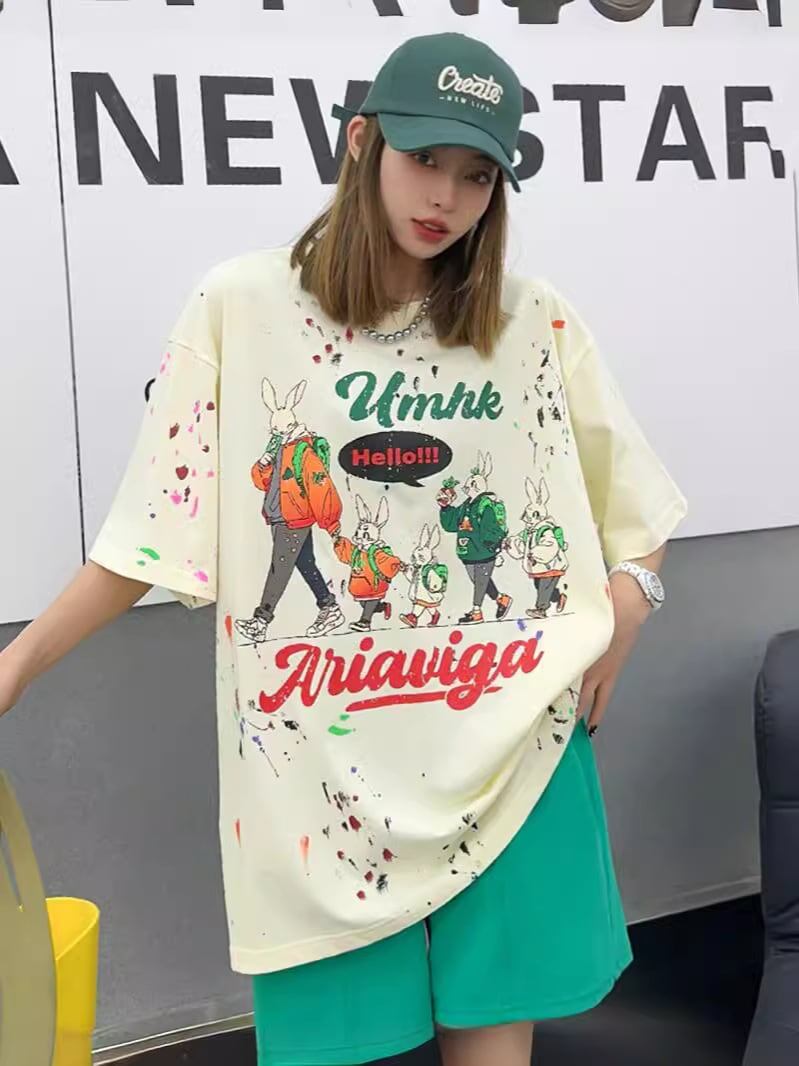 早い者勝ち   ファッション 落書き風 プリント半袖Tシャツ 全3色<F-4913>