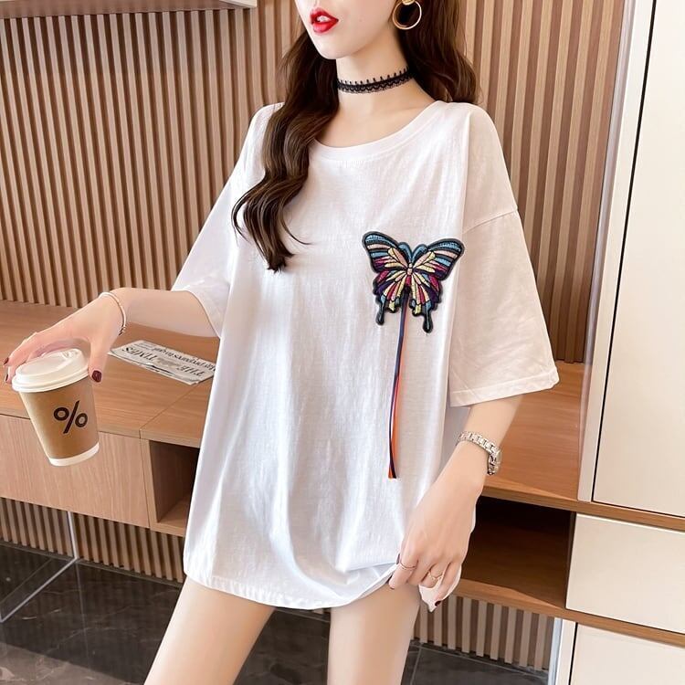 最新デザインセンス刺繍純綿ルーズ半袖Tシャツ<F-2949>