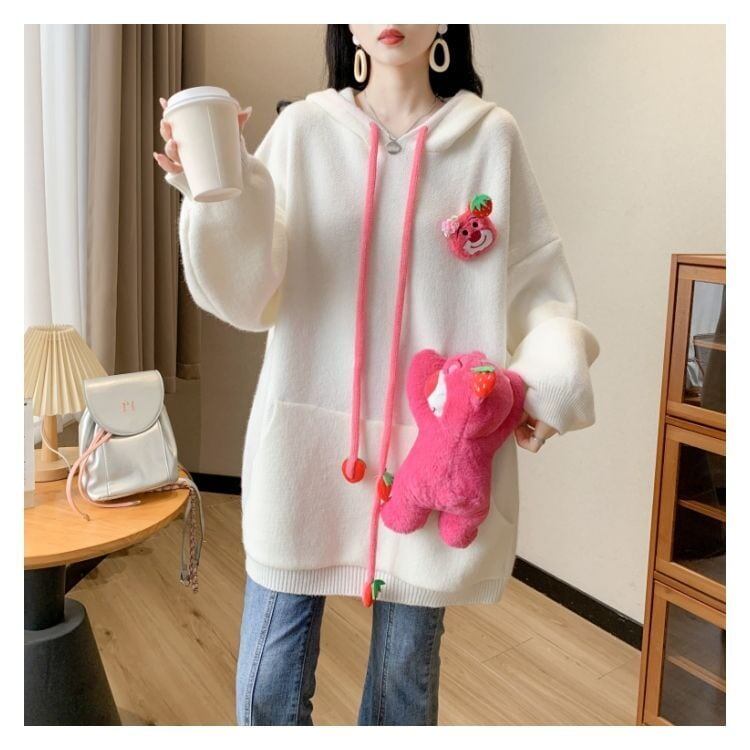カワイイクマちゃんぬいぐるみ付きニットフード付きパーカ全4色<4537>