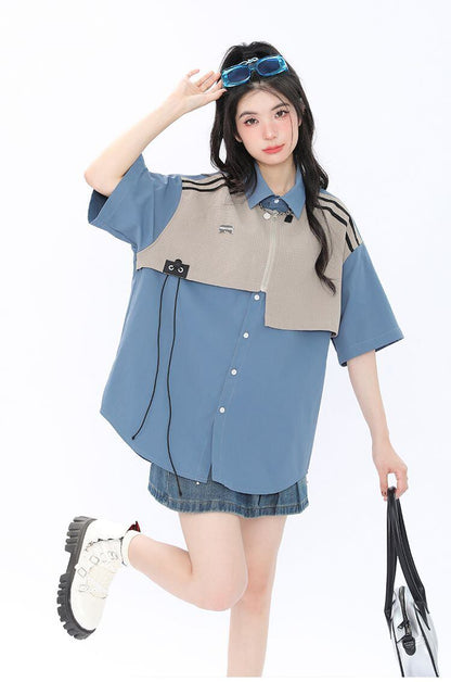 期間限定 ファッション 個性派 レイヤード風 切り替え プリント全3色 男女兼用 半袖TシャツF-9044