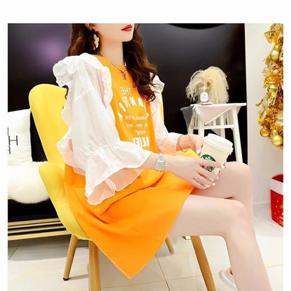 女子力アップ アルファベット パフスリーブ プリント ロングTシャツ ゆったりワンピース ＜F-3054＞