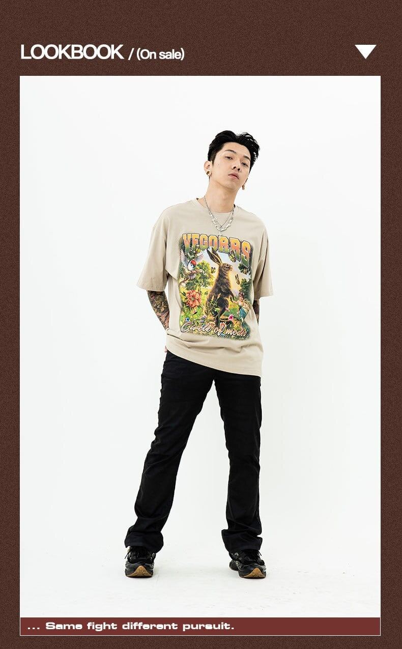 アメリカンレトロ絵画ウサギ半袖Tシャツカップル男女同スタイル<F-2910>