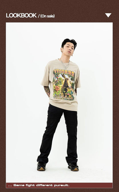 アメリカンレトロ絵画ウサギ半袖Tシャツカップル男女同スタイル<F-2910>