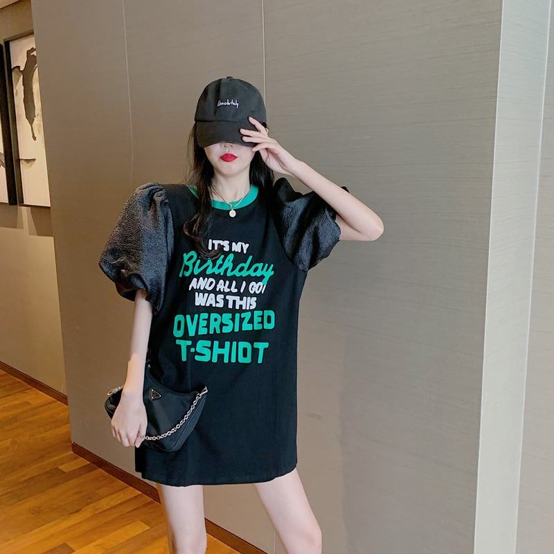 話題沸騰中 パフスリーブ ファッション プリント 全2色 半袖 Tシャツ <F-8662>