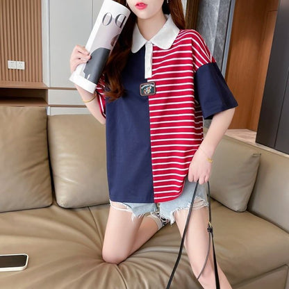 遊び心のあるエレガンスをあしらったピンクカラー、コントラストストライプの半袖Tシャツ<F-2955>
