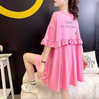 ミドル丈のイレギュラー半袖Tシャツワンピース<F-5007>