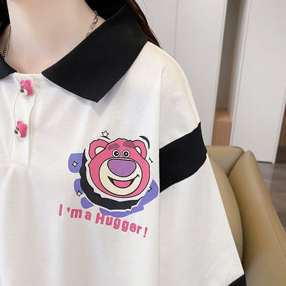 POLOネック 切り替え 熊柄 ロング プリント Tシャツ 二色 ゆったりワンピース ＜F-3020＞