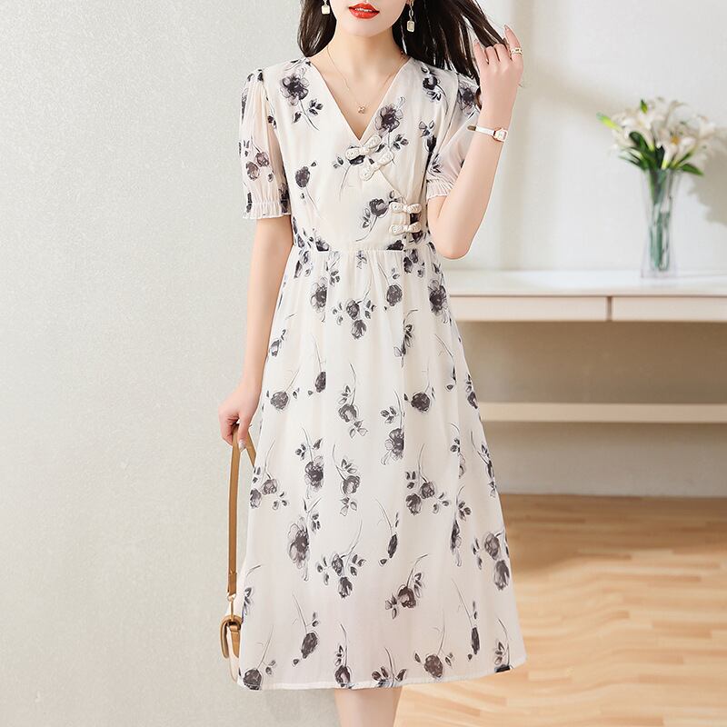 今季マストバイ シフォン ファッション 花柄 半袖ワンピース<F-8452>