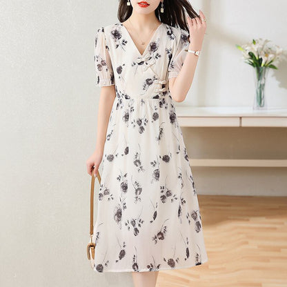 今季マストバイ シフォン ファッション 花柄 半袖ワンピース<F-8452>