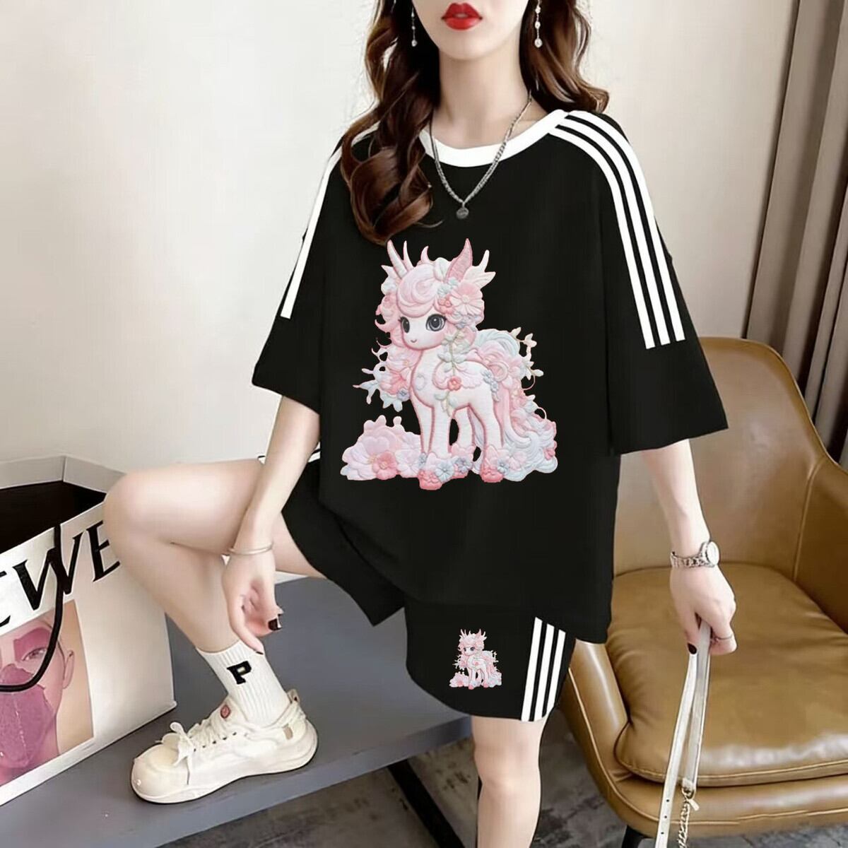 通気性 プリント Tシャツ＋パンツ セットアップ F-13240